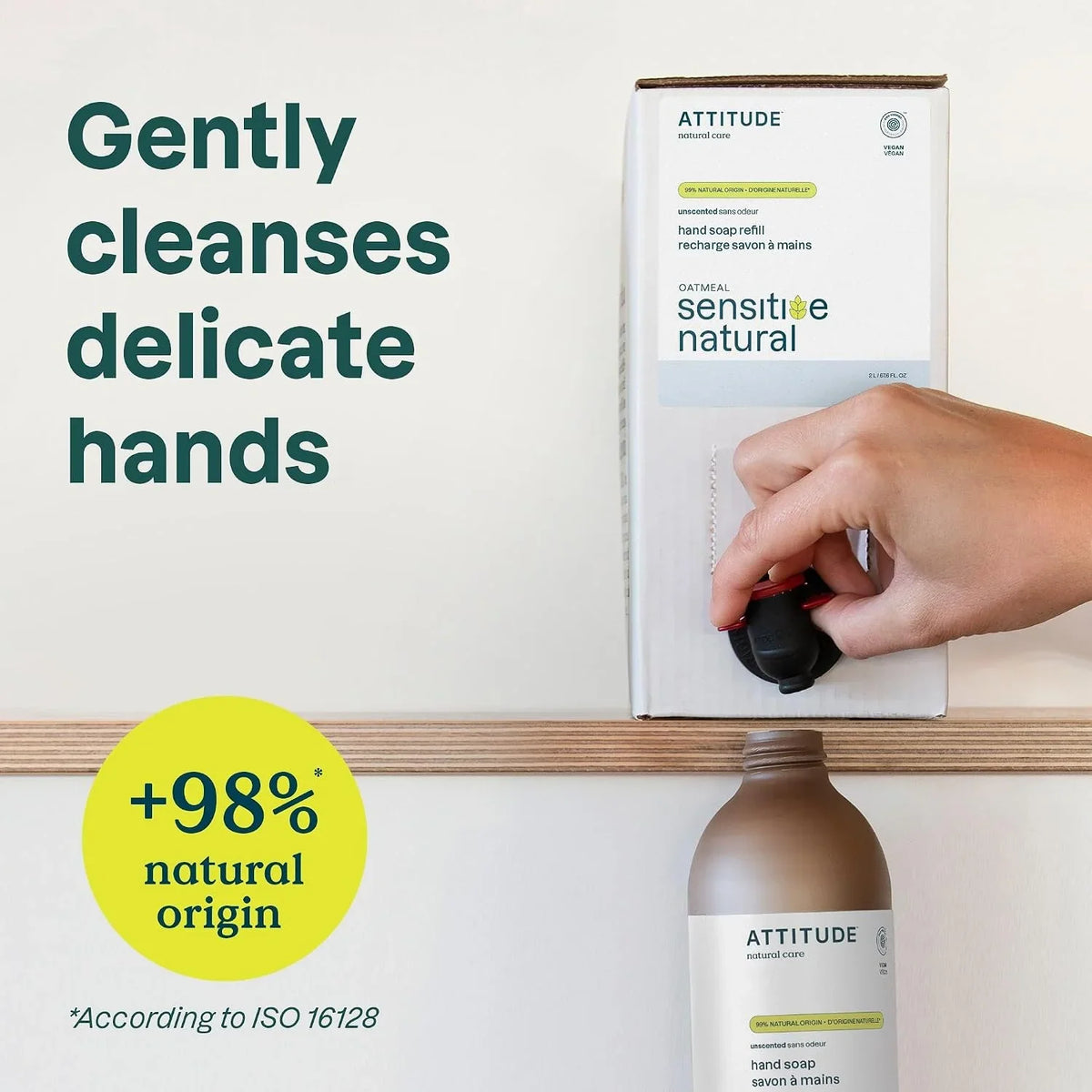 ATTITUDE Gentle Hand Soap, 4X Refill, Oat, Unscented, 67.6 oz