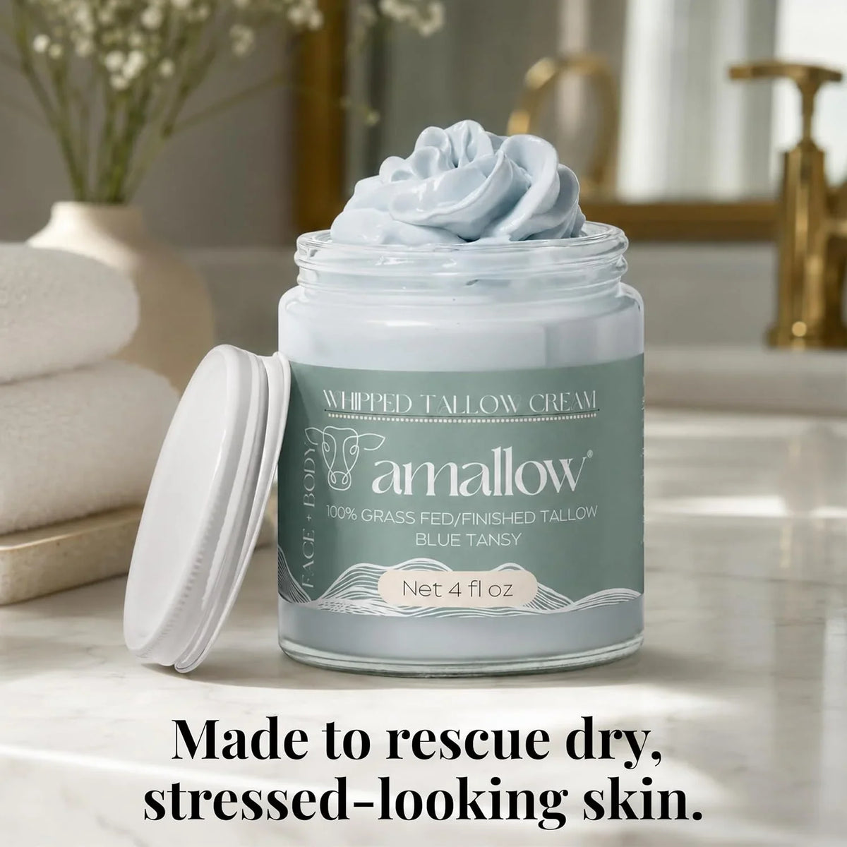 Amallow 100% Grass Fed Beef Tallow for Skin Care - Face + Body - Whipped Moisturizer for Sensitive Skin - Natural Lotion, 4 FL. oz. (Unscented + Jojoba Oil)
