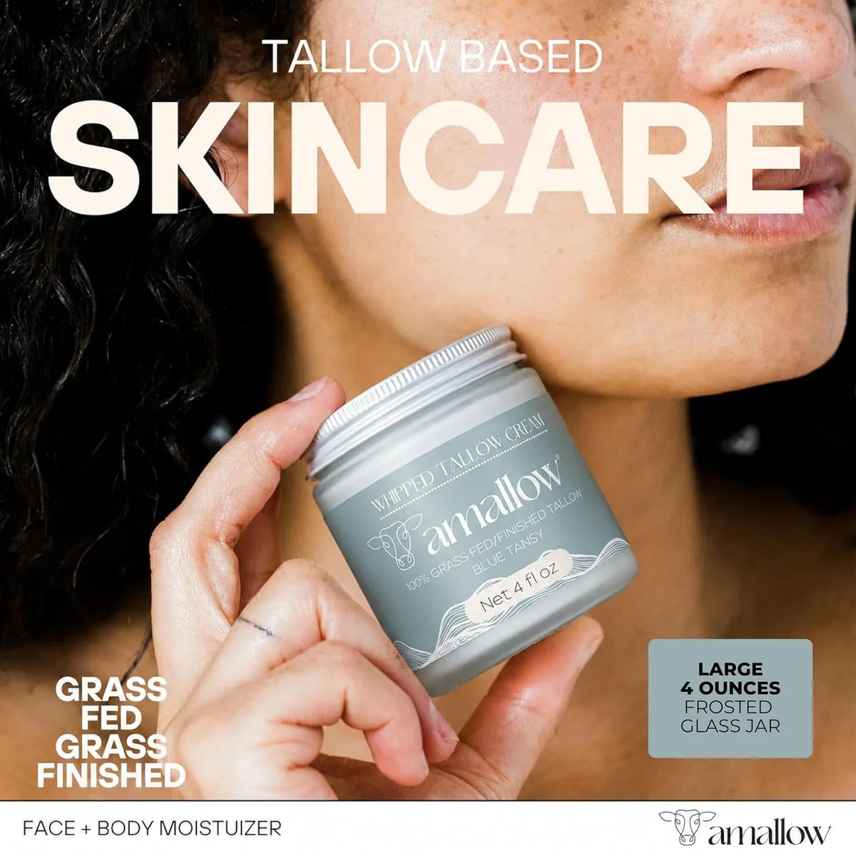 Amallow 100% Grass Fed Beef Tallow for Skin Care - Face + Body - Whipped Moisturizer for Sensitive Skin - Natural Lotion, 4 FL. oz. (Unscented + Jojoba Oil)