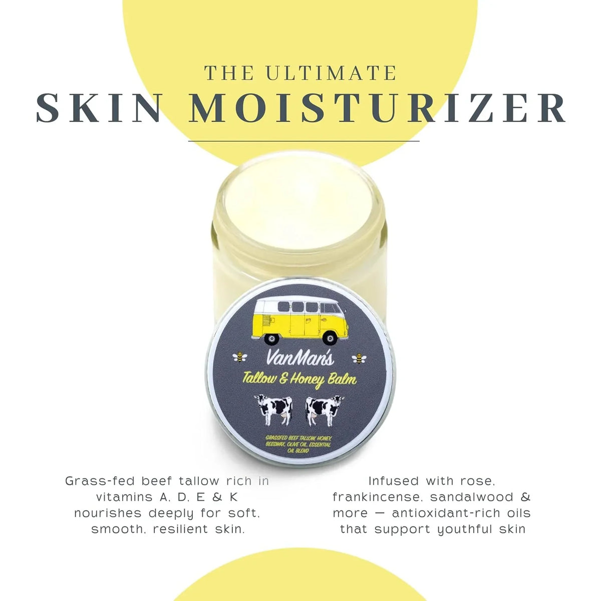 Vanman's Tallow and Honey Balm With No Added Scent (3 Pack) - Beef Tallow Face Moisturizer with Grass-Fed/Finished Beef Tallow for Skin, Organic Raw Honey and Beeswax, Cold Pressed Olive Oil - 2 oz