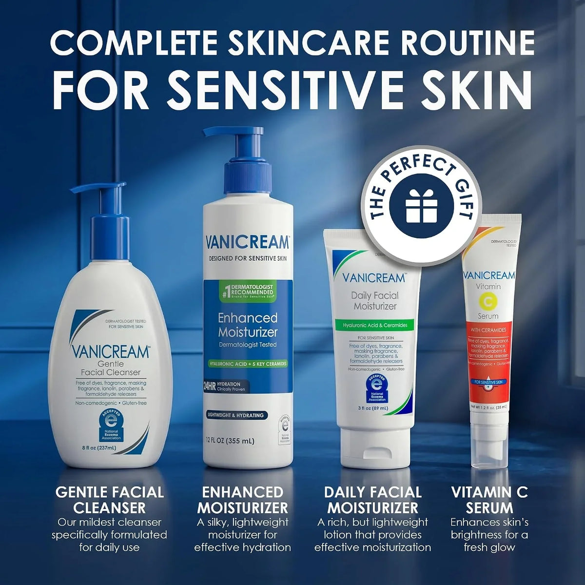 Vanicream Skin Care Set for Sensitive Skin, Complete 4-Step Daily Routine, Includes Gentle Facial Cleanser, Brightening Vitamin C Face Serum, Hydrating Face Moisturizer & Enhanced Body Lotion