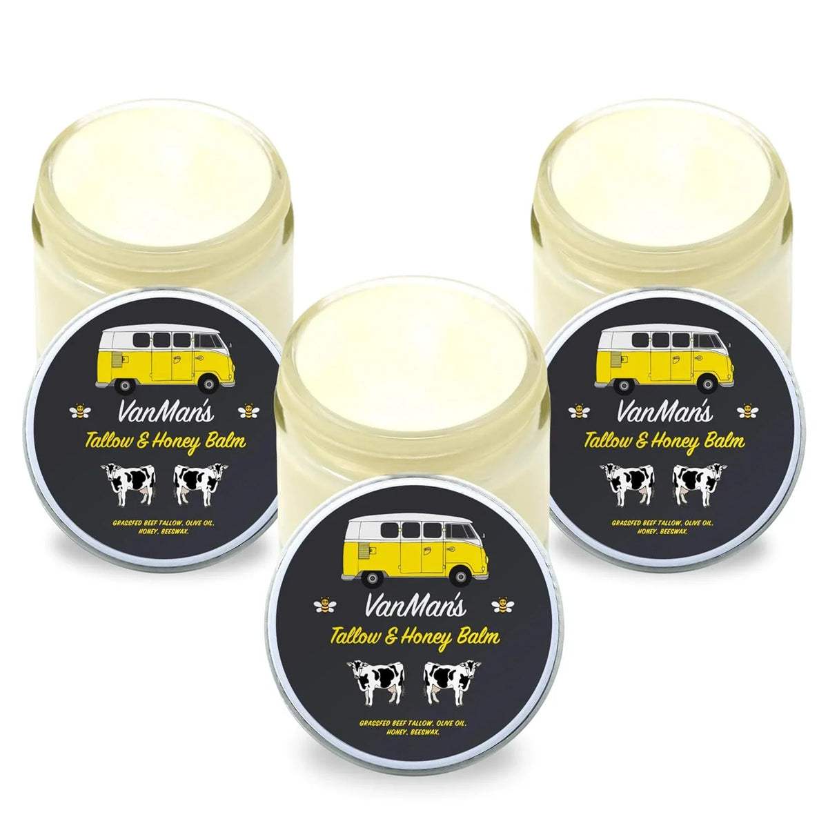 Vanman's Tallow and Honey Balm With No Added Scent (3 Pack) - Beef Tallow Face Moisturizer with Grass-Fed/Finished Beef Tallow for Skin, Organic Raw Honey and Beeswax, Cold Pressed Olive Oil - 2 oz