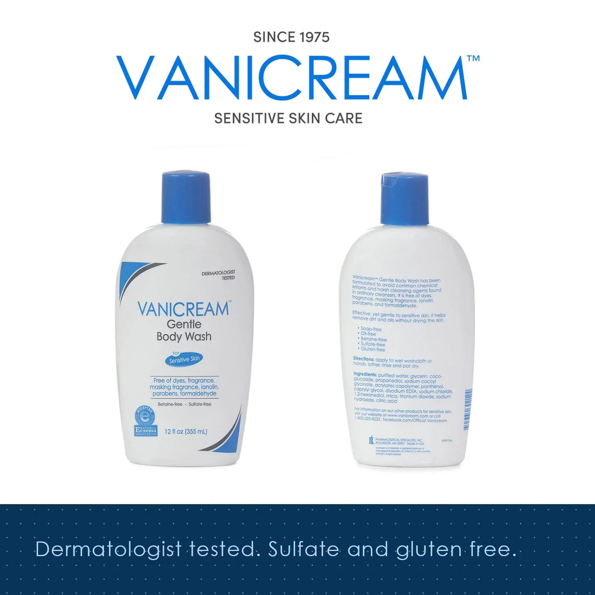 Vanicream Gentle Body Wash | Fragrance, 12 Ounce & Anti-Perspirant Deodorant for Sensitive Skin-2.25 oz-Clinical-Strength Deodorant & Gentle Facial Cleanser with Pump Dispenser-8 fl oz