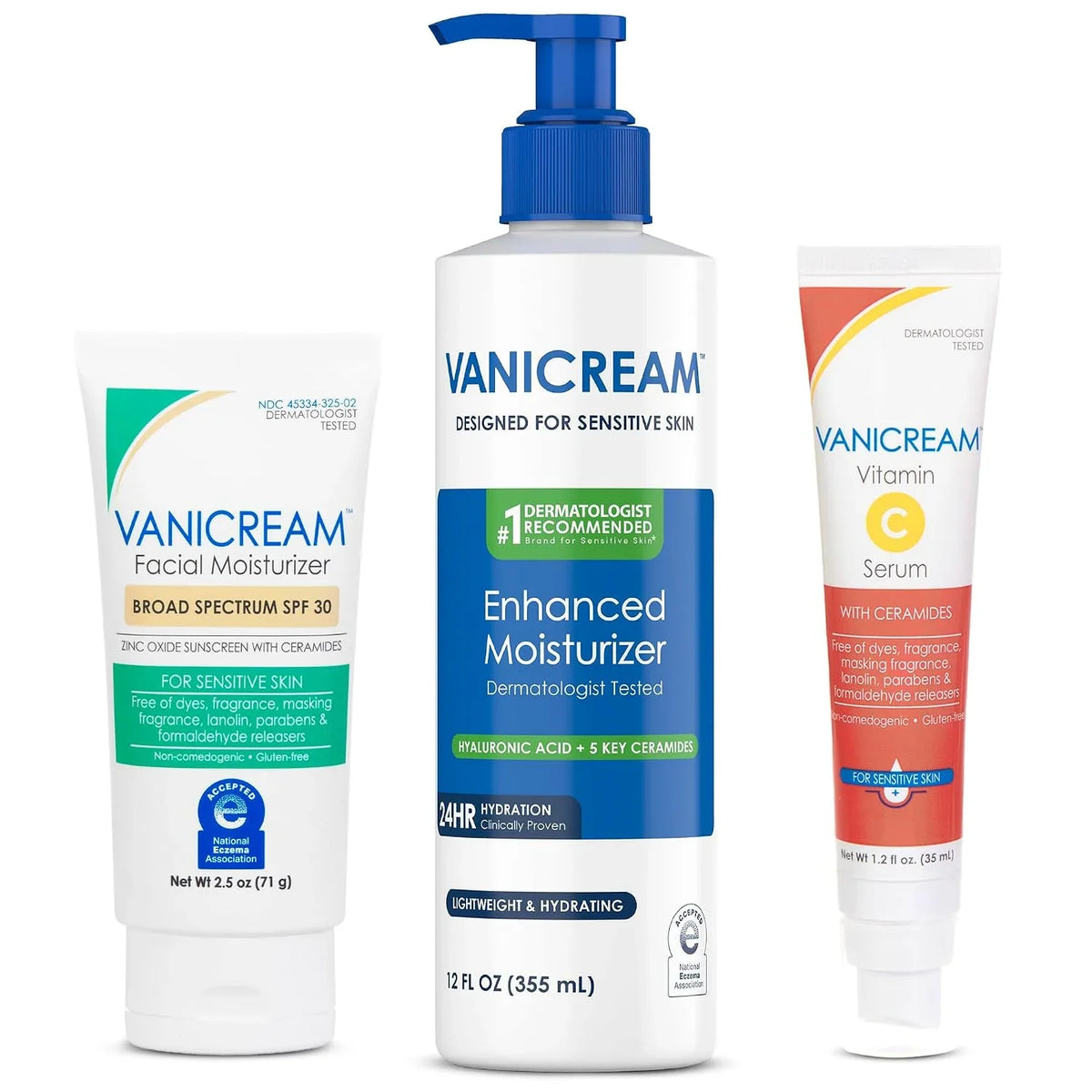 Bundle of Vanicream Enhanced Moisturizer, 12 Fl Oz, Vitamin C Serum, 1.2 Fl Oz, Vanicream Facial Moisturizer Broad Spectrum SPF 30; 2.5 Fl. Oz.