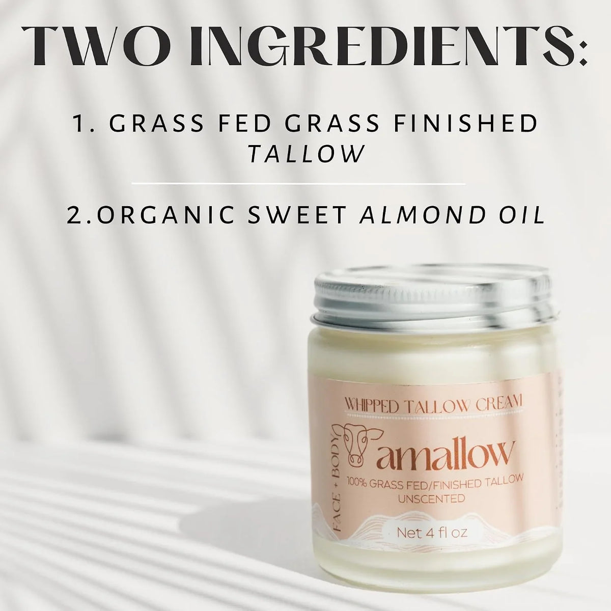 Amallow 100% Grass Fed Beef Tallow for Skin Care - Face + Body - Whipped Moisturizer for Sensitive Skin - Natural Lotion, 4 FL. oz. (Unscented + Jojoba Oil)