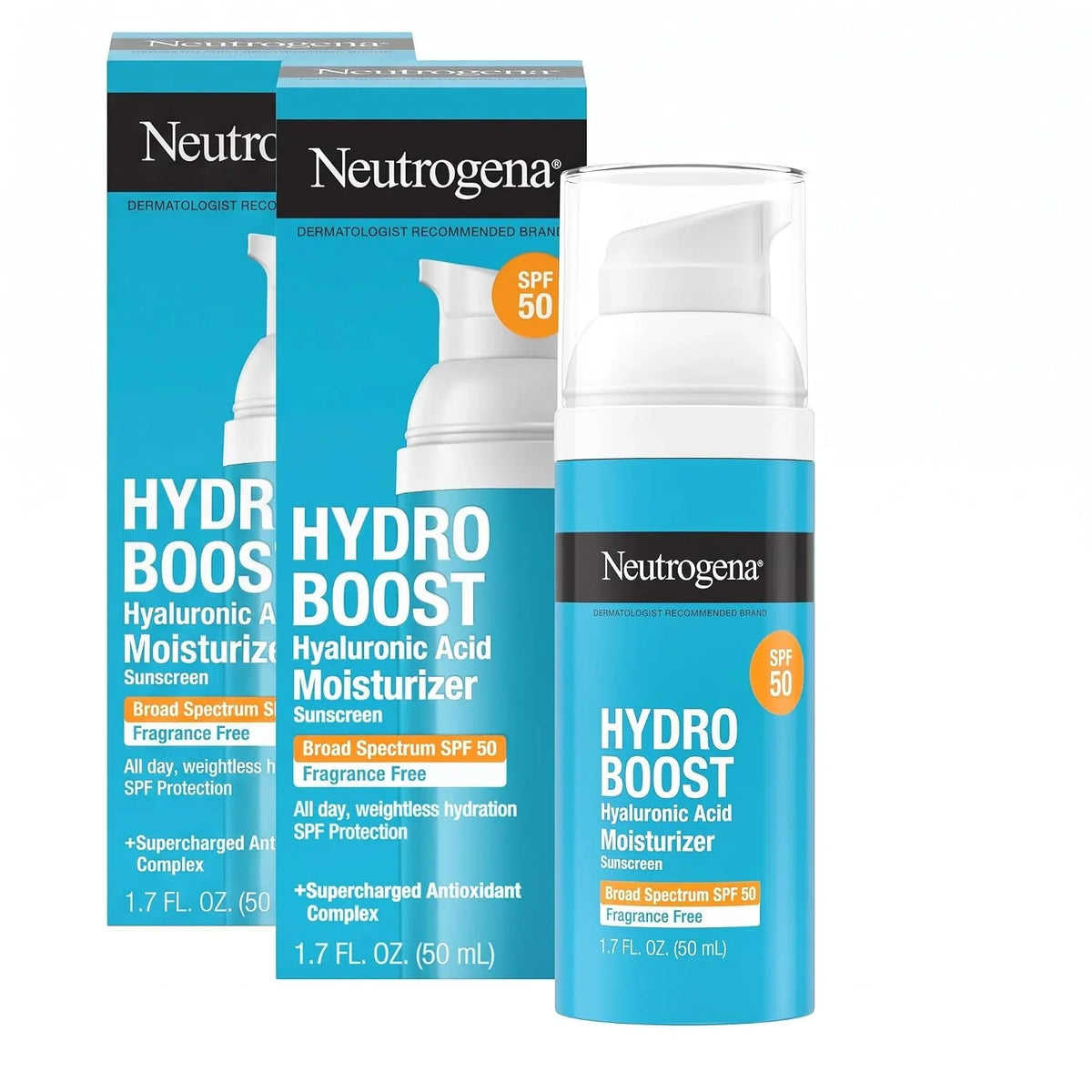 Neutrogena Hydro Boost Hyaluronic Acid Face Moisturizer with Broad Spectrum SPF 50 Sunscreen,Non-Greasy,Fragrance Free Daytime Facial Moisturizer to Hydrate & Soothe Dry Skin,1.7 fl. oz,(Pack of 2)