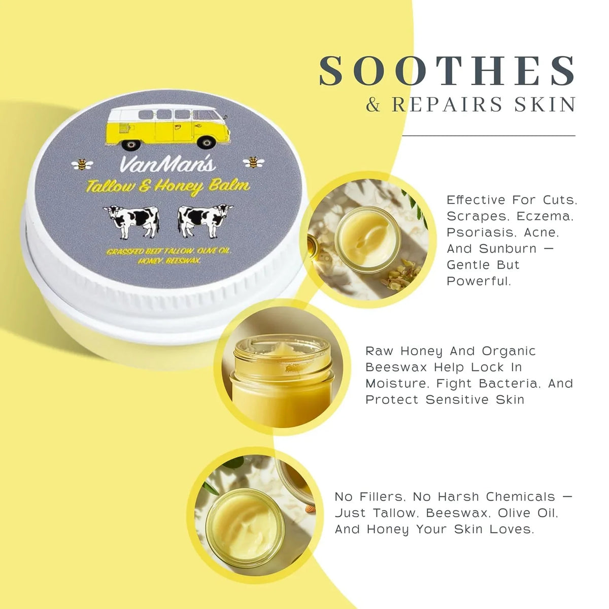 Vanman's Tallow and Honey Balm With No Added Scent (3 Pack) - Beef Tallow Face Moisturizer with Grass-Fed/Finished Beef Tallow for Skin, Organic Raw Honey and Beeswax, Cold Pressed Olive Oil - 2 oz