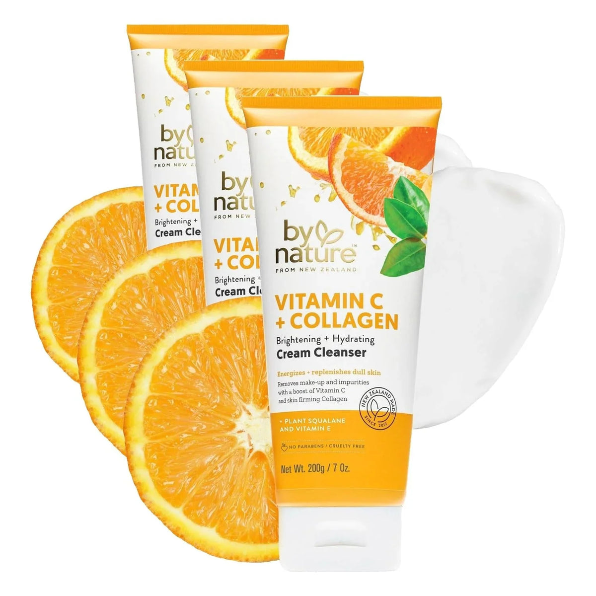 By Nature Vitamin C + Collagen Face Cream Cleanser - Daily Makeup Remover and Facial Wash from New Zealand (7 Oz) (Pack of 3)