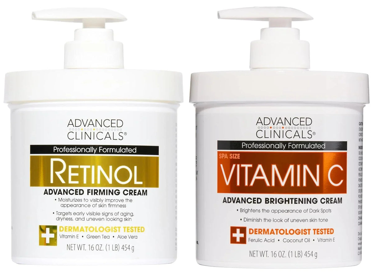 Advanced Clinicals Retinol Body Lotion + Brightening Vitamin C Lotion 2pc Skincare Set For Women & Men | Body Cream & Face Moisturizer Set Helps Improve The Look Of Dark Spots & Uneven Skin Tone, 2PC