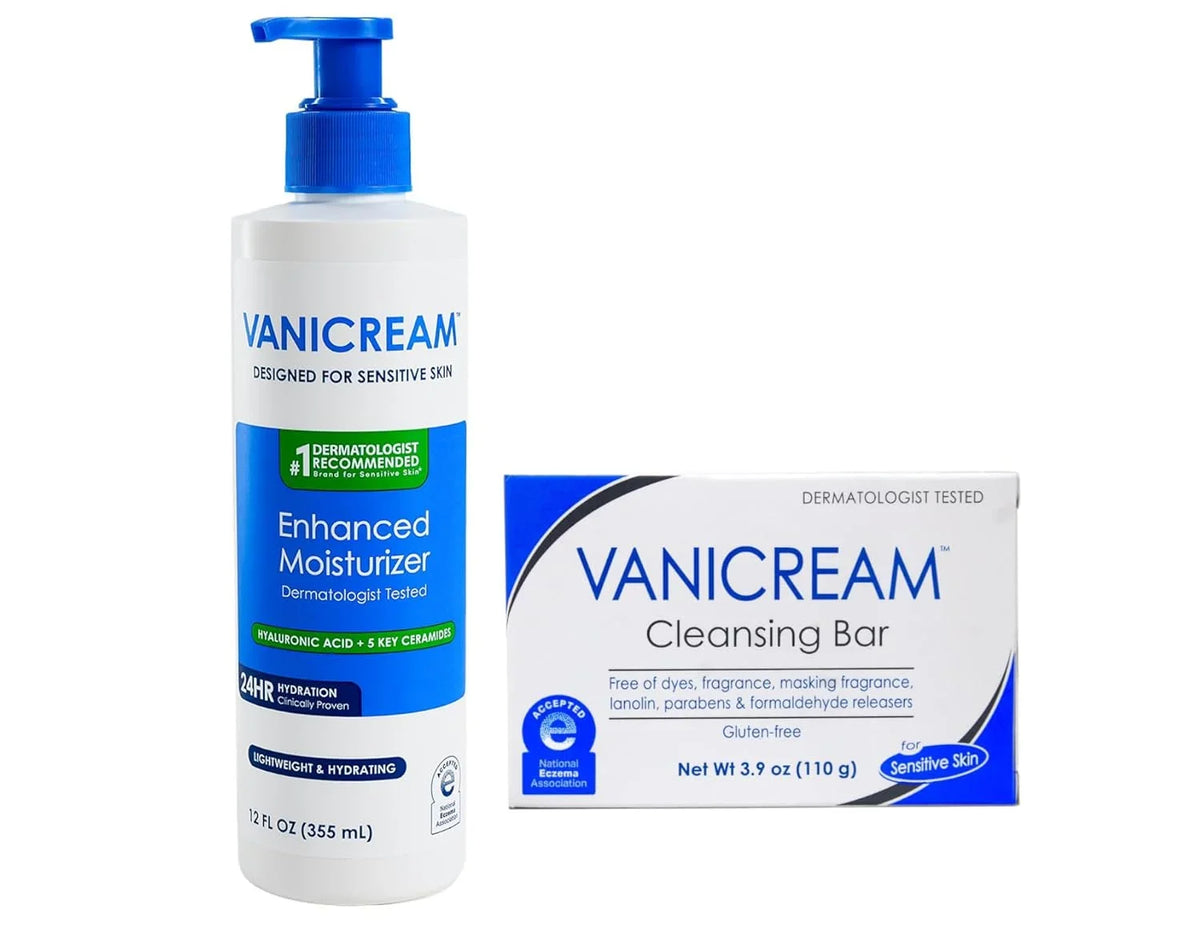 Vanicream Sensitive Skin Care Set, Enhanced Moisturizer with Hyaluronic Acid and Ceramides 12 fl oz plus Cleansing Bar 3.9 oz, Dermatologist Tested Gentle Skin Care Bundle