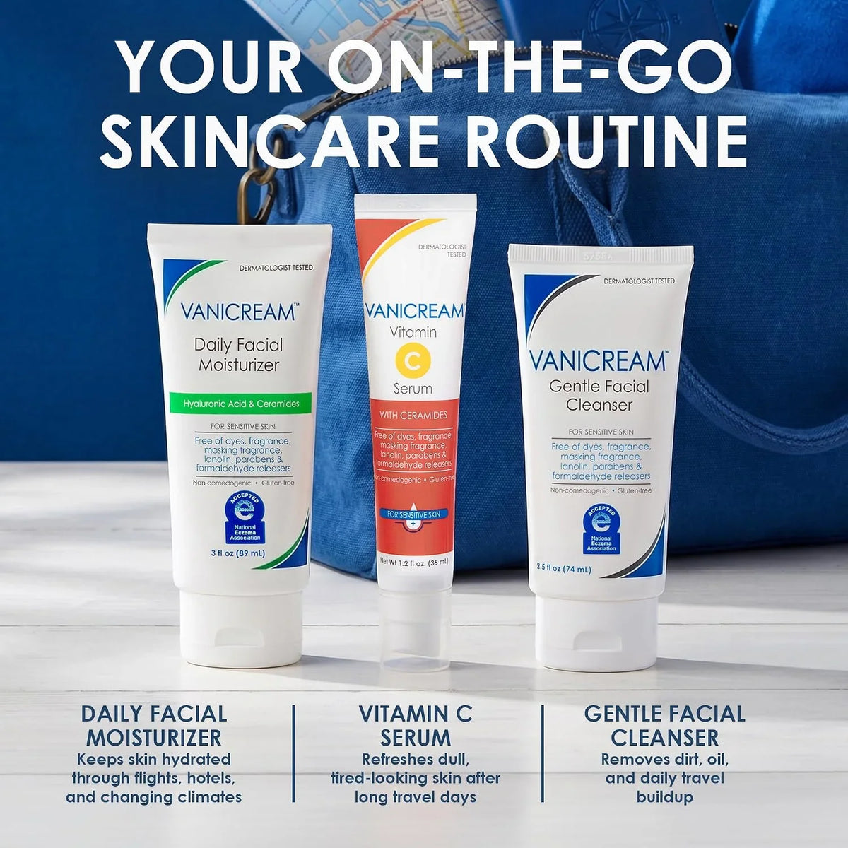 Vanicream Daily Facial Moisturizer, 3 fl oz, Vitamin C Serum, 1.2 Fl Oz, Gentle Facial Cleaner, 2.5 Fl Oz Bundle