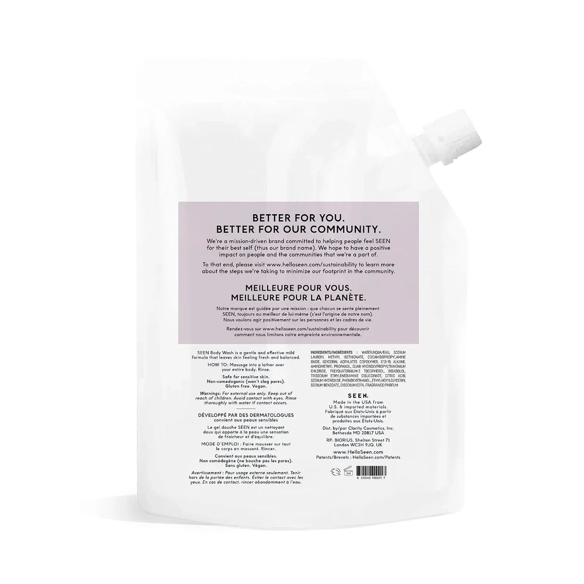 SEEN Body Wash Eco-Refill, Fragrance Free - Non-Comedogenic & Non-Irritating Body Wash- Dermatologist-Developed - Safe for Sensitive, Eczema & Acne Prone Skin