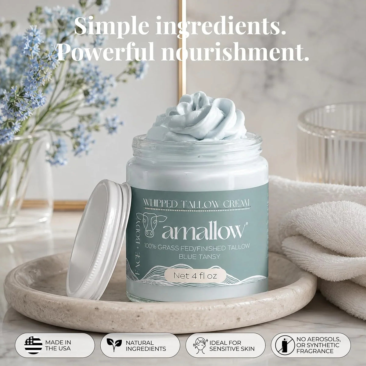 Amallow 100% Grass Fed Beef Tallow for Skin Care - Face + Body - Whipped Moisturizer for Sensitive Skin - Natural Lotion, 4 FL. oz. (Unscented + Jojoba Oil)