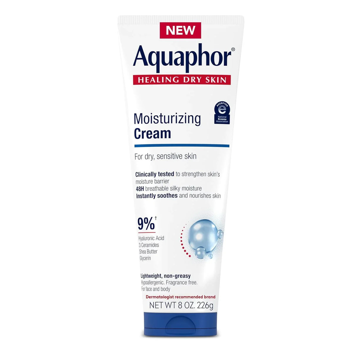 Aquaphor Moisturizing Face and Body Cream with Hyaluronic Acid, 16 Fl Oz (Pack of 12)