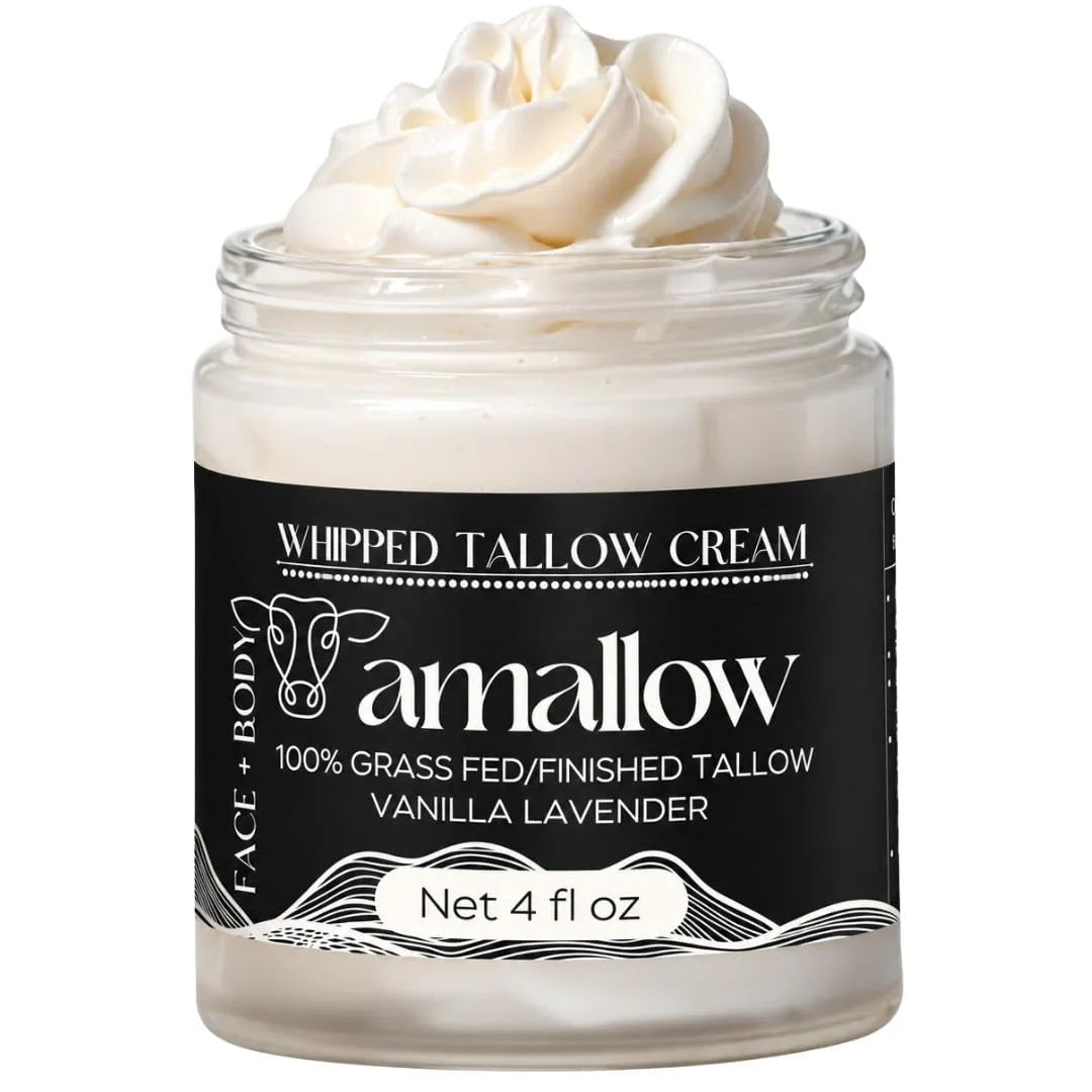 Amallow 100% Grass Fed Beef Tallow for Skin Care - Face + Body - Whipped Moisturizer for Sensitive Skin - Natural Lotion, 4 FL. oz. (Unscented + Jojoba Oil)