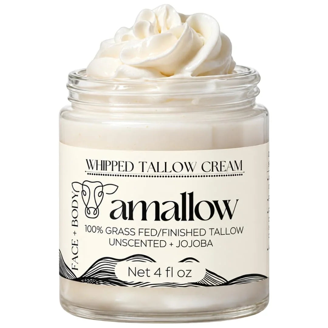 Amallow 100% Grass Fed Beef Tallow for Skin Care - Face + Body - Whipped Moisturizer for Sensitive Skin - Natural Lotion, 4 FL. oz. (Unscented + Jojoba Oil)