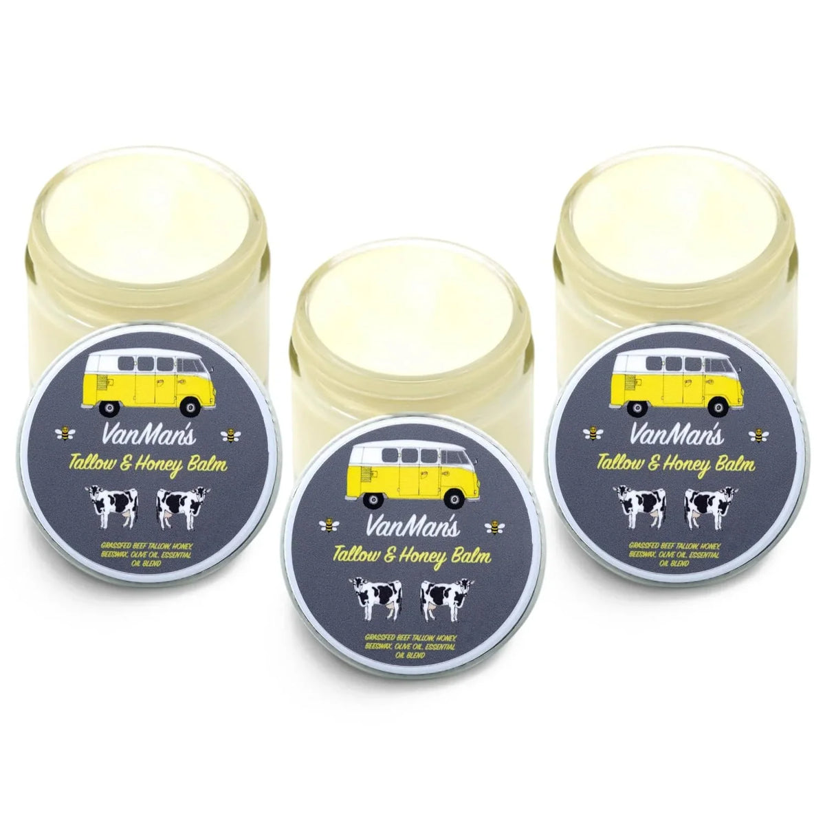 Vanman's Tallow and Honey Balm With No Added Scent (3 Pack) - Beef Tallow Face Moisturizer with Grass-Fed/Finished Beef Tallow for Skin, Organic Raw Honey and Beeswax, Cold Pressed Olive Oil - 2 oz