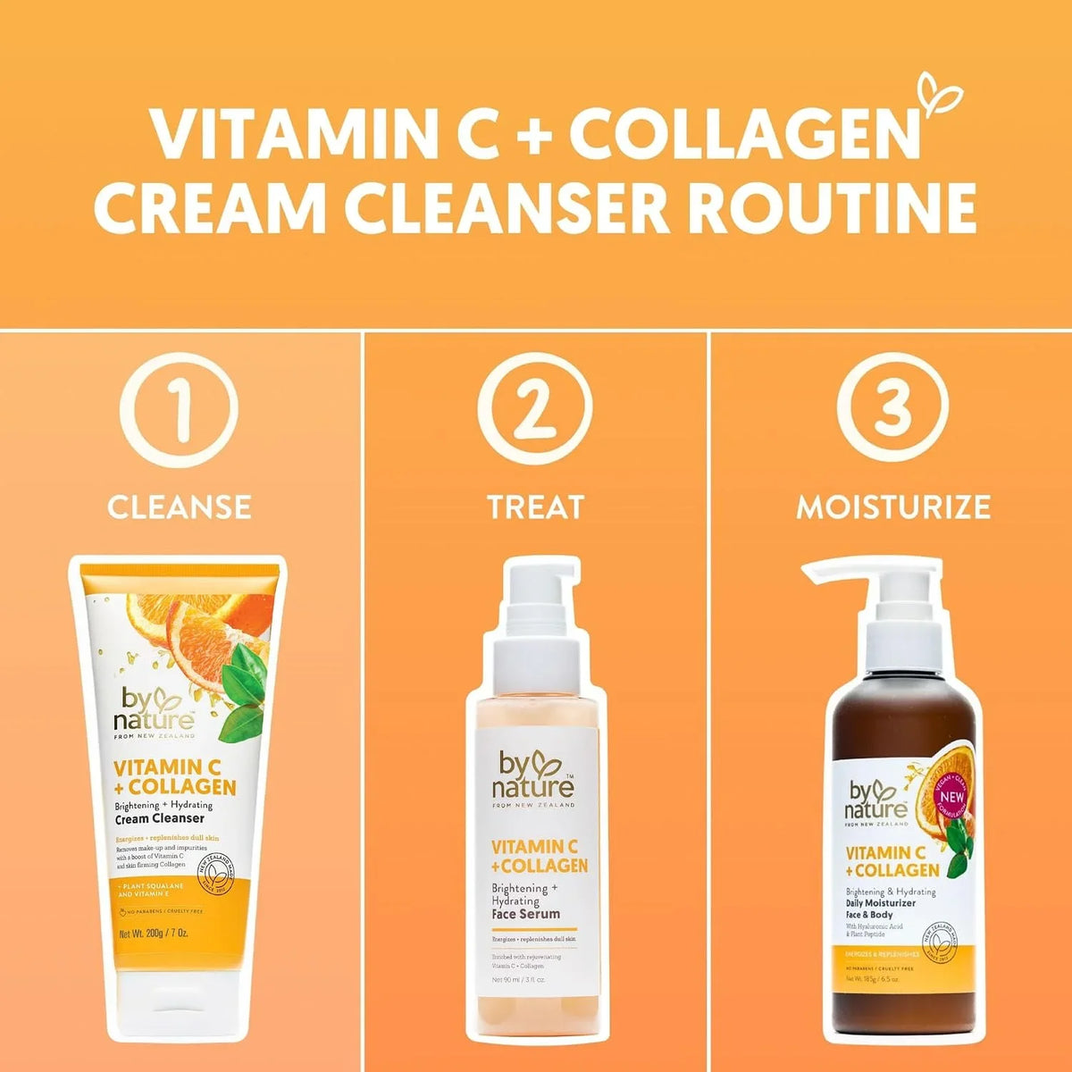 By Nature Vitamin C + Collagen Face Cream Cleanser - Daily Makeup Remover and Facial Wash from New Zealand (7 Oz) (Pack of 3)