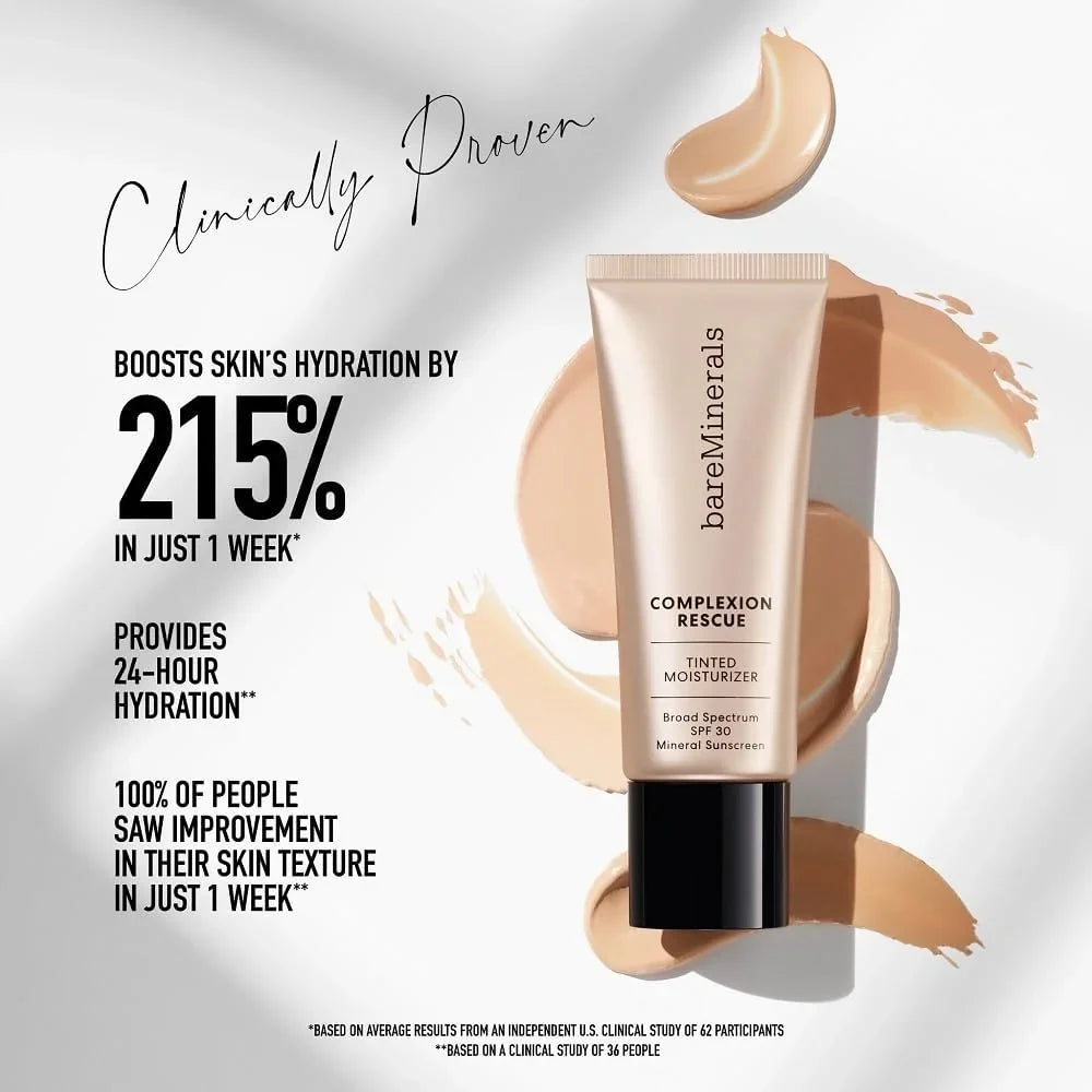 bareMinerals Complexion Rescue Tinted Moisturizer with SPF 30, Hydrating Tinted Mineral Sunscreen with Hyaluronic Acid, Sheer-to-Light Coverage, Multi-tasking, Skincare Infused Makeup