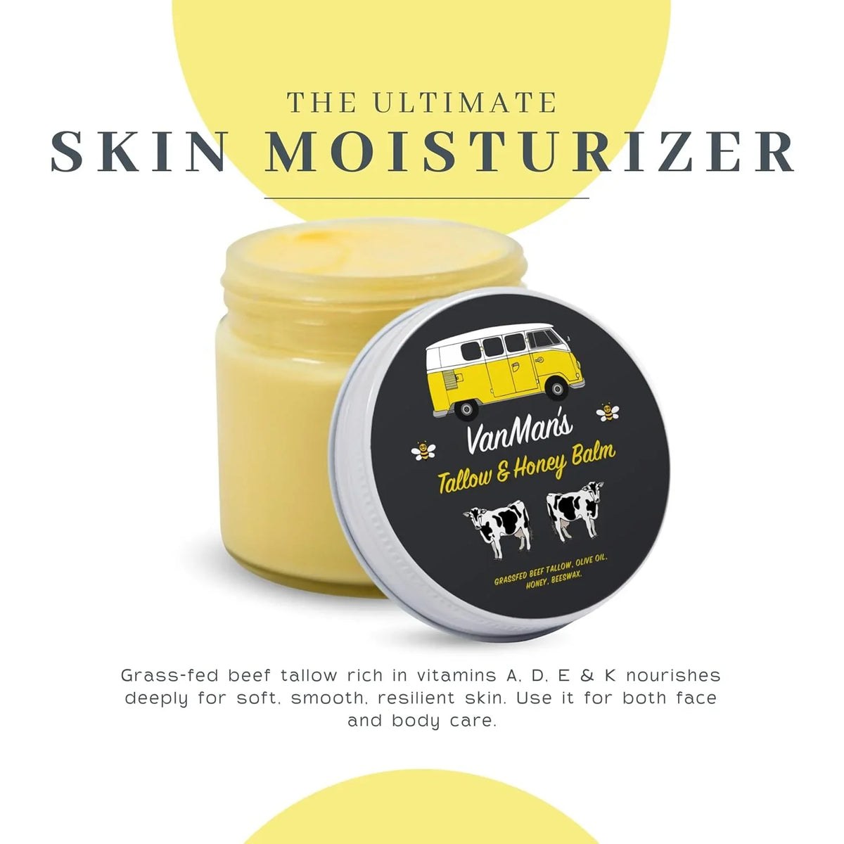 Vanman's Tallow and Honey Balm With No Added Scent (3 Pack) - Beef Tallow Face Moisturizer with Grass-Fed/Finished Beef Tallow for Skin, Organic Raw Honey and Beeswax, Cold Pressed Olive Oil - 2 oz