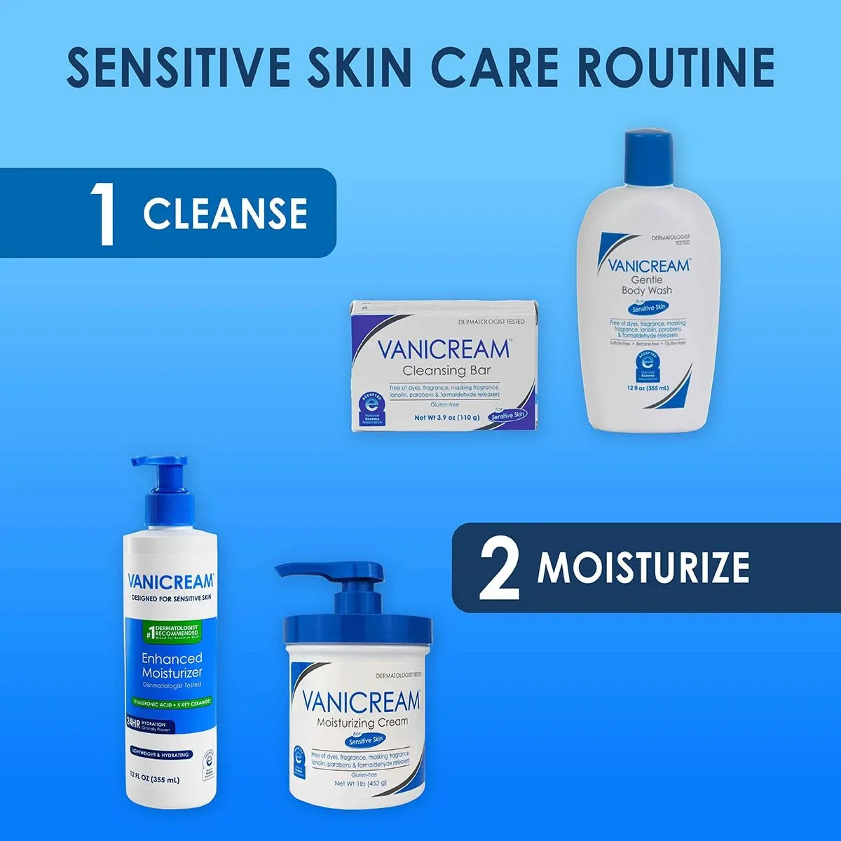 Vanicream Sensitive Skin Care Set, Enhanced Moisturizer with Hyaluronic Acid and Ceramides 12 fl oz plus Cleansing Bar 3.9 oz, Dermatologist Tested Gentle Skin Care Bundle