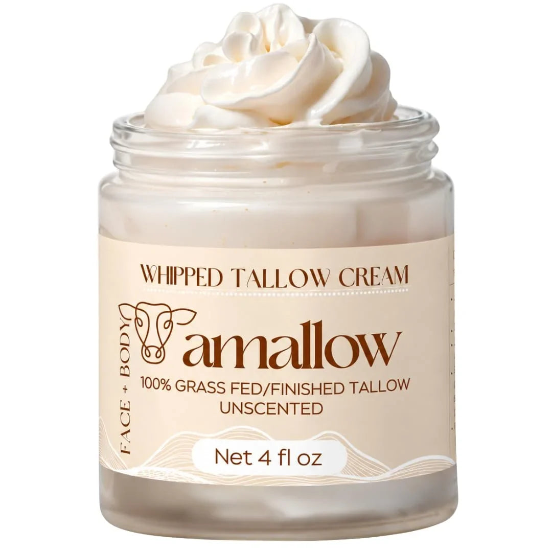 Amallow 100% Grass Fed Beef Tallow for Skin Care - Face + Body - Whipped Moisturizer for Sensitive Skin - Natural Lotion, 4 FL. oz. (Unscented + Jojoba Oil)